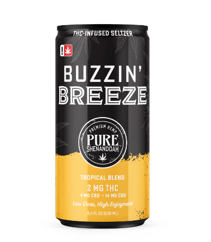 pure shenandoah buzzin' breeze tropical blend thc+cbd+cbg seltzer 2mg single
